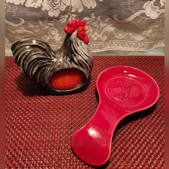 Cracker Barrel Kitchen Ceramic Rooster Scrubby Holder And Spoon